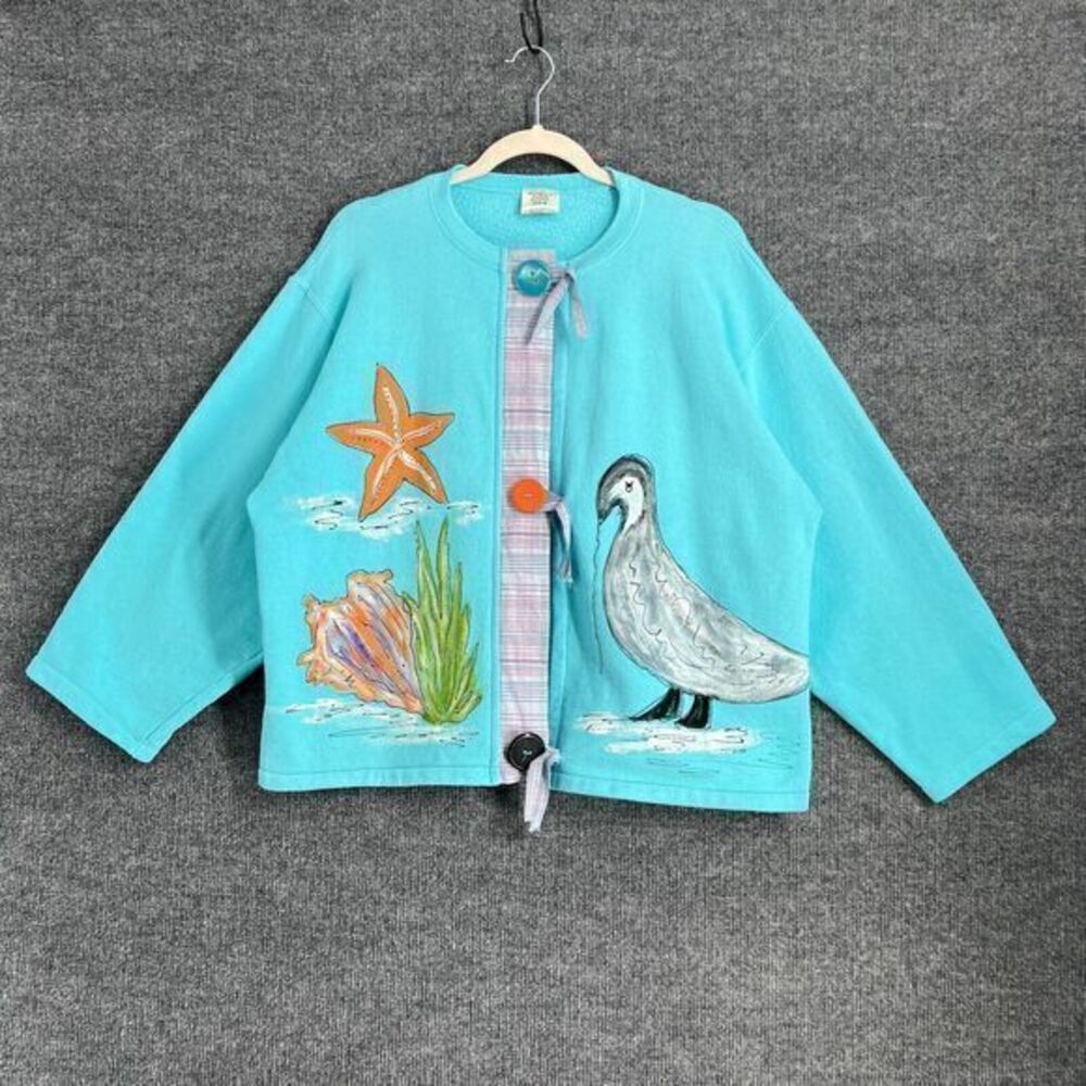 Custom Hand Painted Cardigan Sweatshirt Womens M Turquoise Shells Beach Upcycled